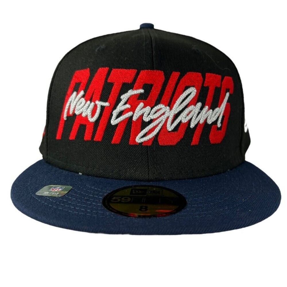 New England Patriots Hat Fitted Mens 7 3/8 Black Blue Cap New Era